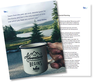guide to retirement planning with a hand holding a mug saying 'the adventure begins' and a page behind it