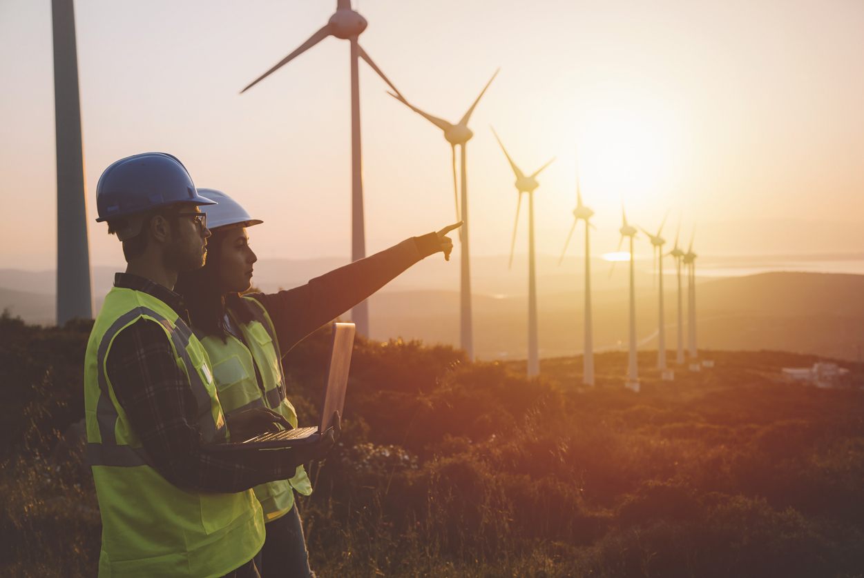 Man and woman in hard hats pointing towards wind turbines