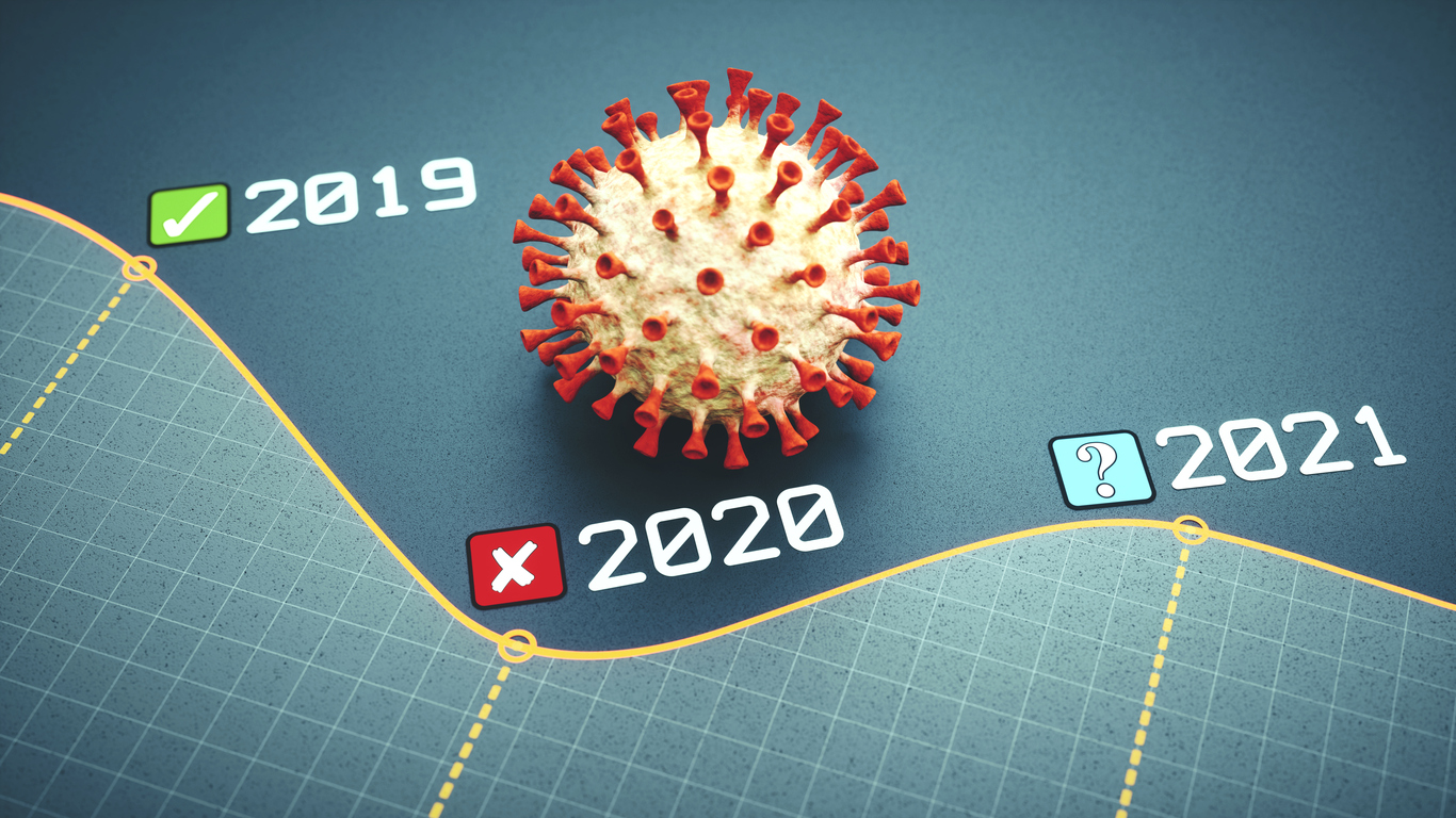 Coronavirus on a graph above 2020 date against a red cross graphic