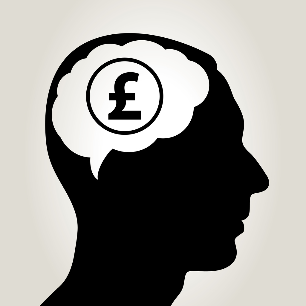 Silhouette of man's head with brain highlighted in white with a pound symbol