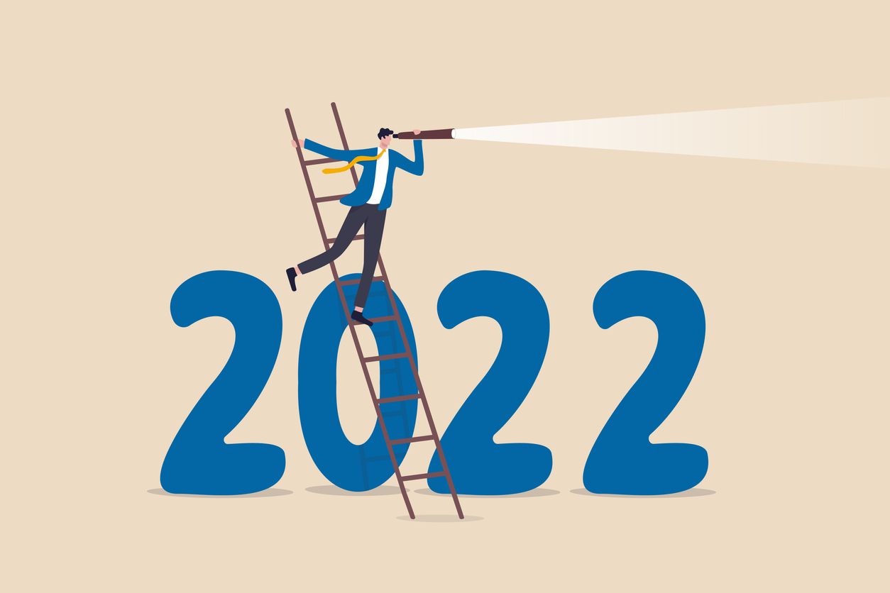Graphic of person on a ladder with a telescope looking over at 2022