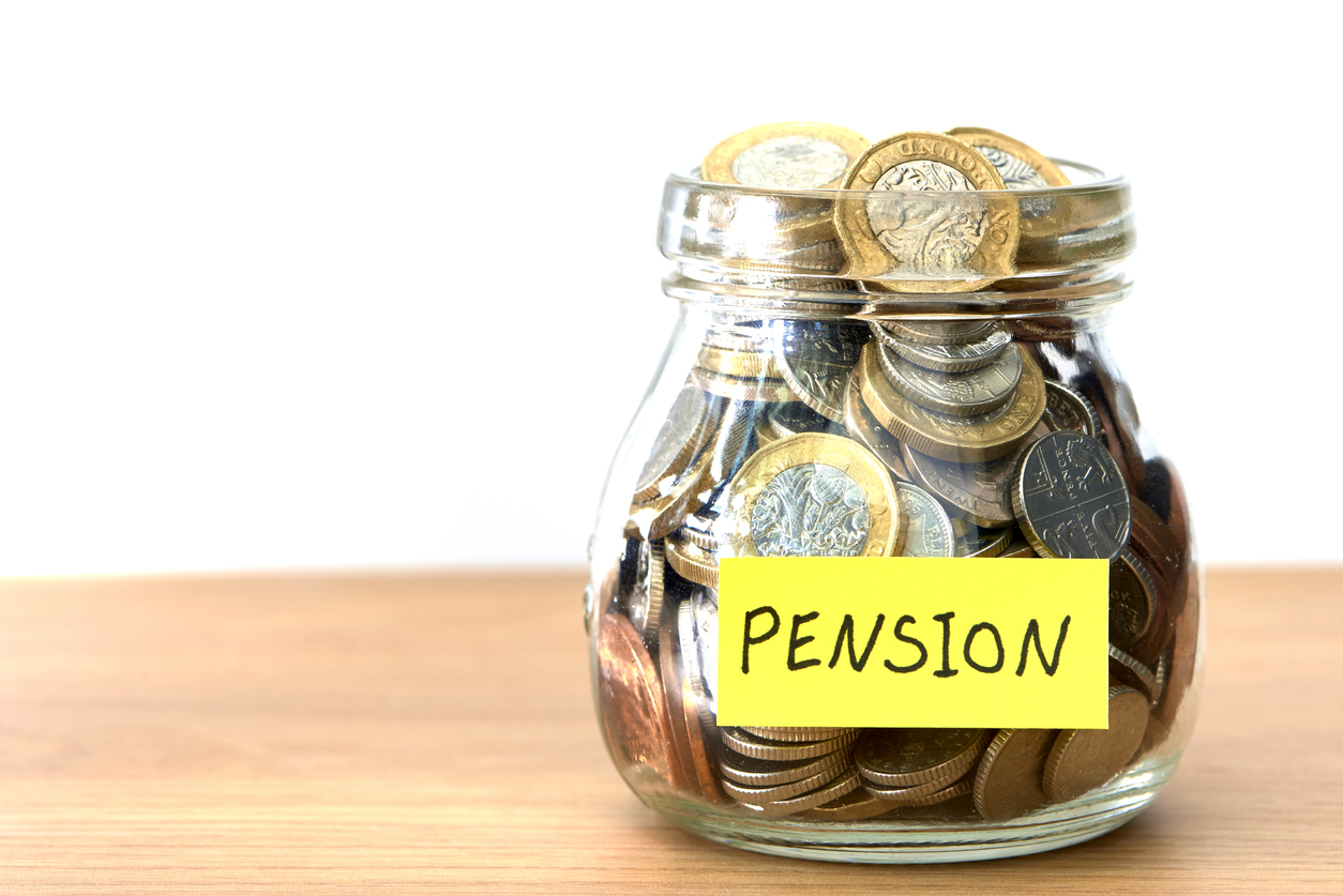 money jar with the word 'pension' on yellow post it