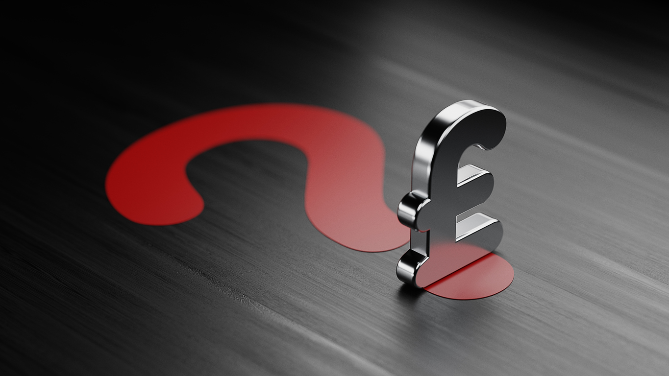 Metallic pound sterling symbol on black background with a red question mark - Sterling weakening