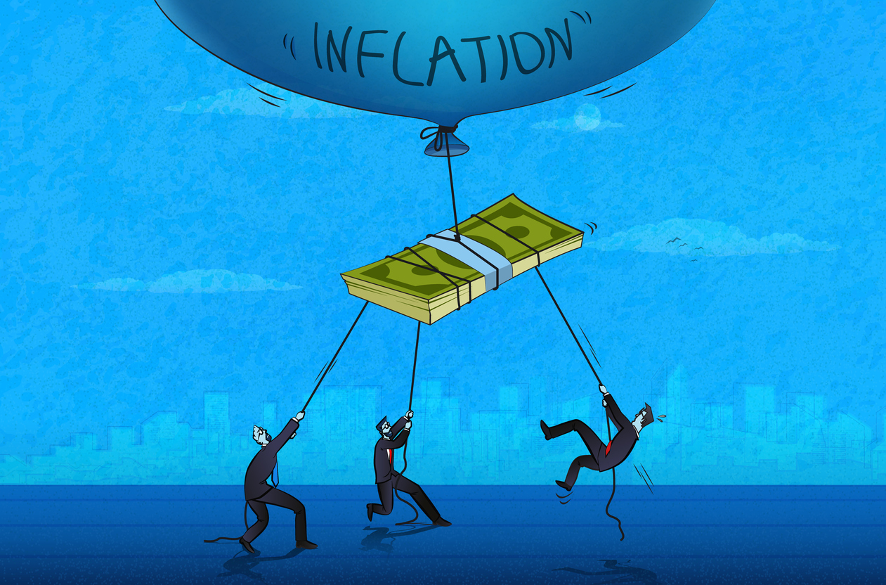Graphic of three people pulling down on 'inflation' balloon carrying a pile of money away - The fight against rising inflation