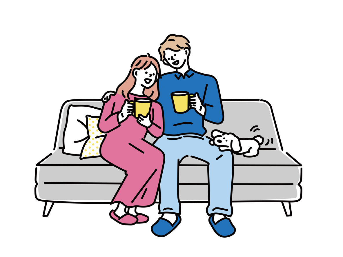 Illustration of a relaxing man and woman on the sofa representing cohabiting - Cohabitation law reforms rejected