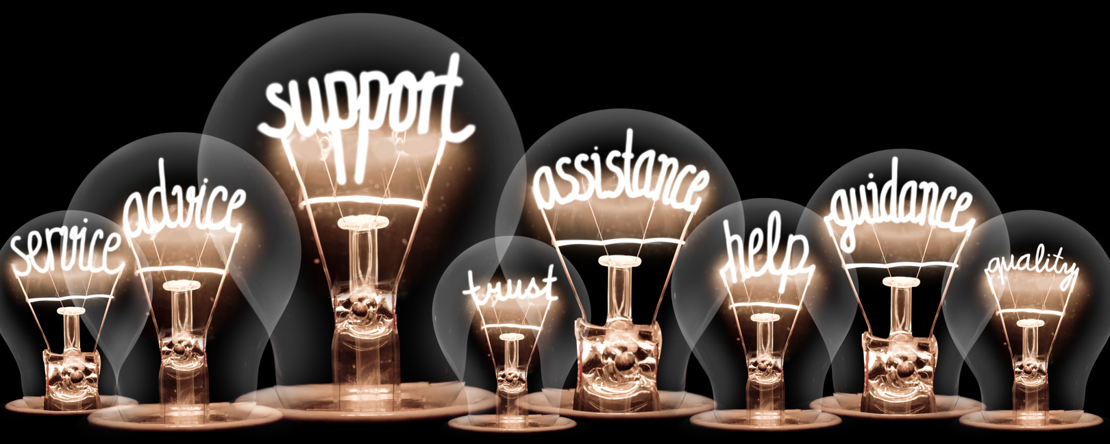 Group of lightbulbs with shining fibres in the shape of words including 'service', 'advice', 'support', 'assistance', 'help' and 'guidance'