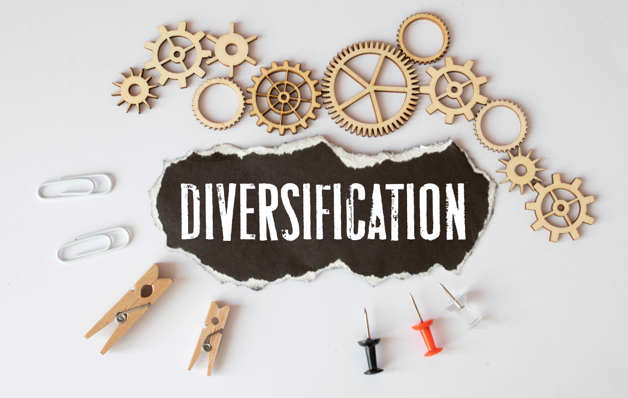 'Diversification' typed on paper surrounded by wooden cogs. paperclips, pegs and pins - the importance of diversification