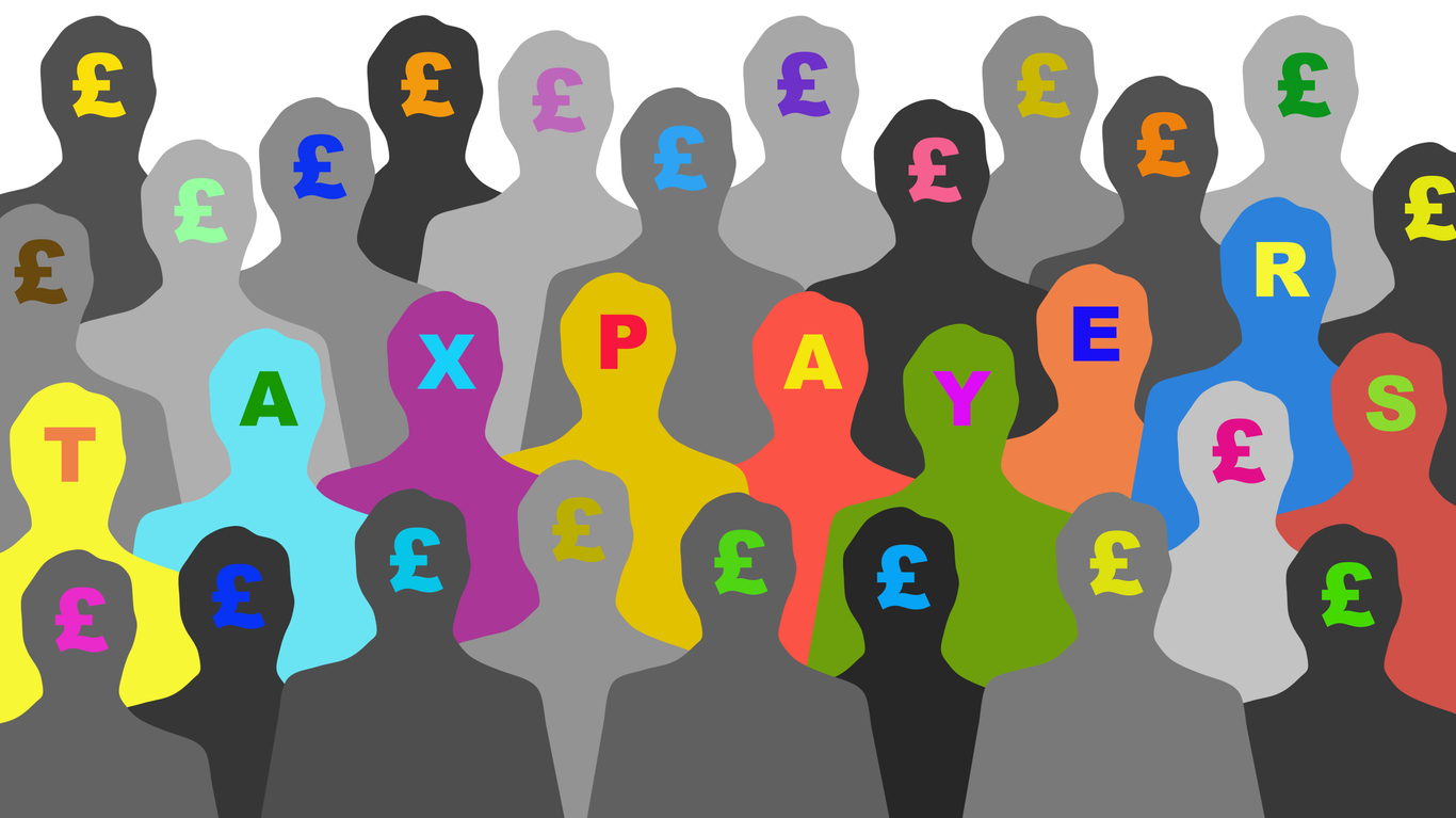 Graphic of black and white silhouettes with some in colour with letters spelling out TAXPAYERS
