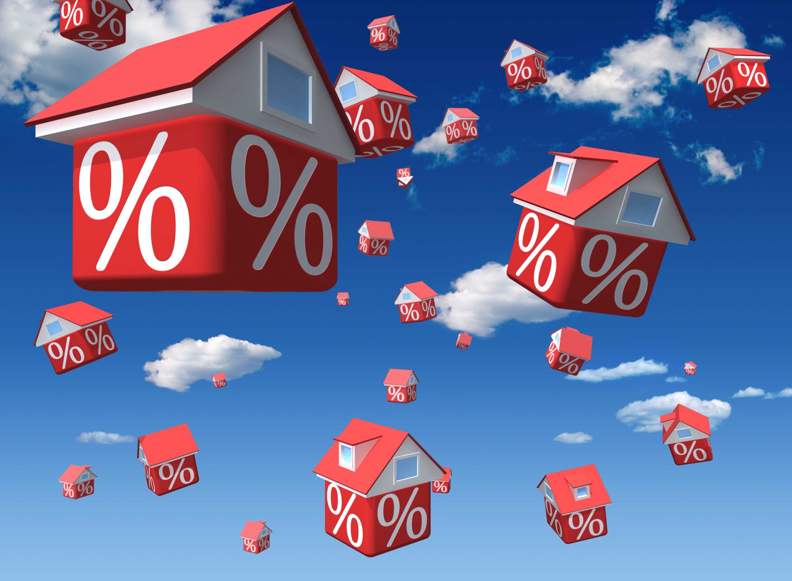 Graphic of houses falling through the sky with percentage marks on them, representing falling house prices - prospects for property investment