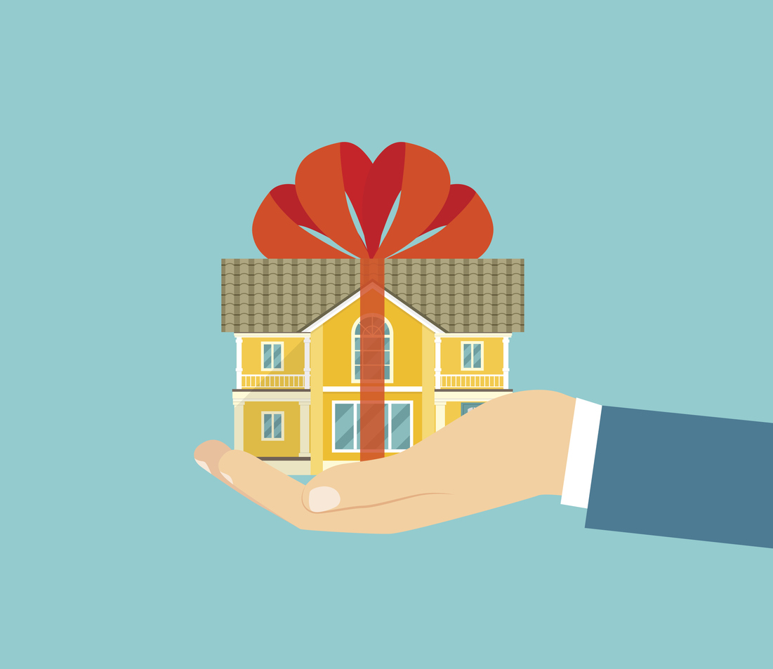 Graphic of a house wrapped in ribbon held by a hand, representing the gifting of a house deposit
