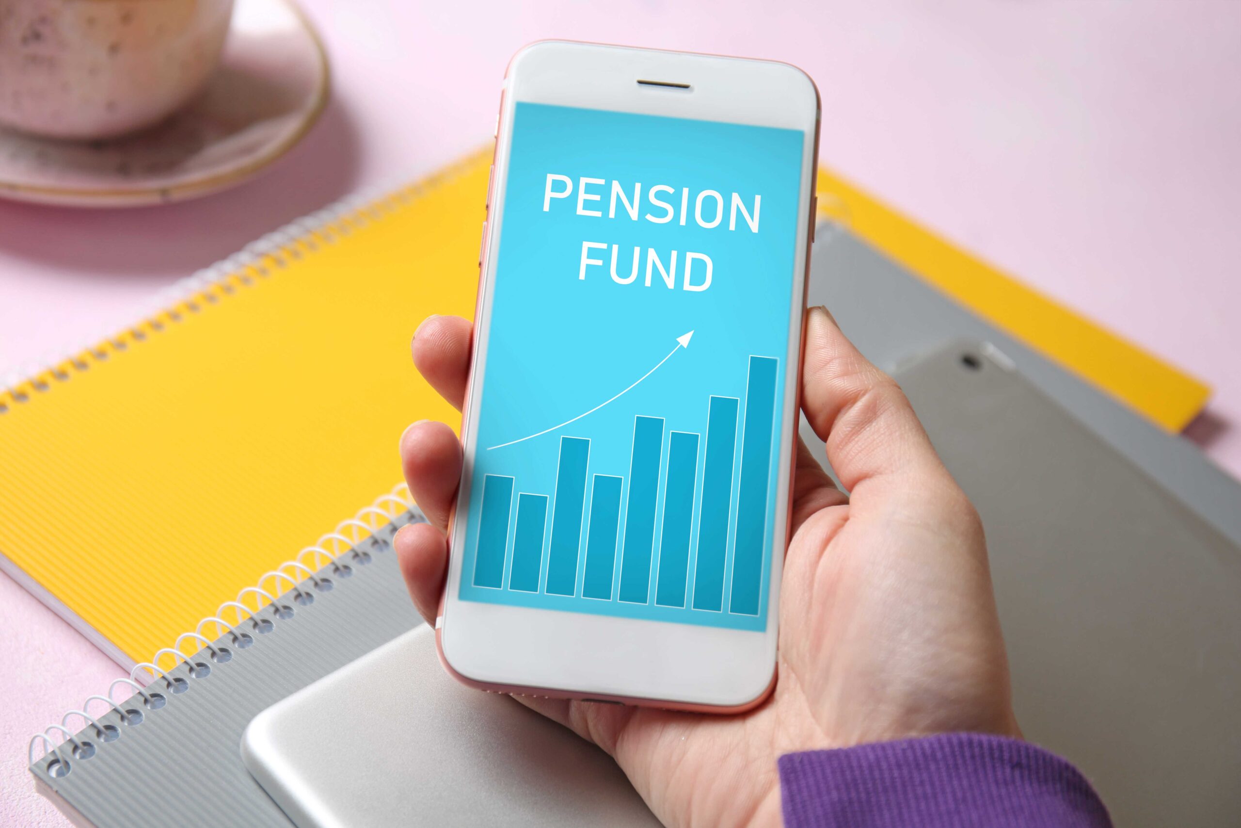 Graphic of a hand holding a phone with a graph on the screen with the title 'Pension Fund'