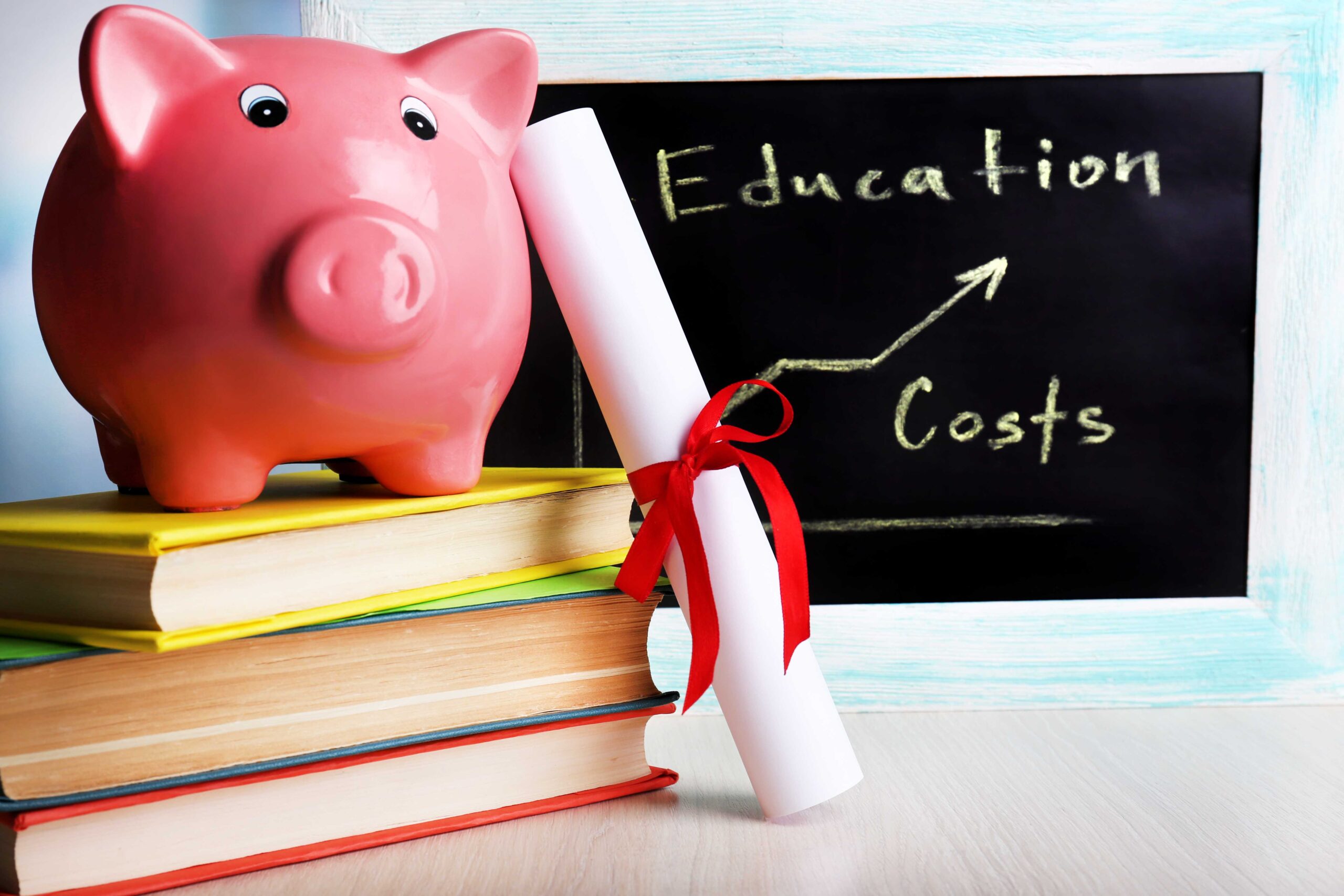 piggy bank next to blackboard detailing financial planning for education